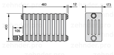 Схема (чертеж) Радиатор Zehnder Charleston 5040/10 №V004 Белый глянцевый RAL 9016